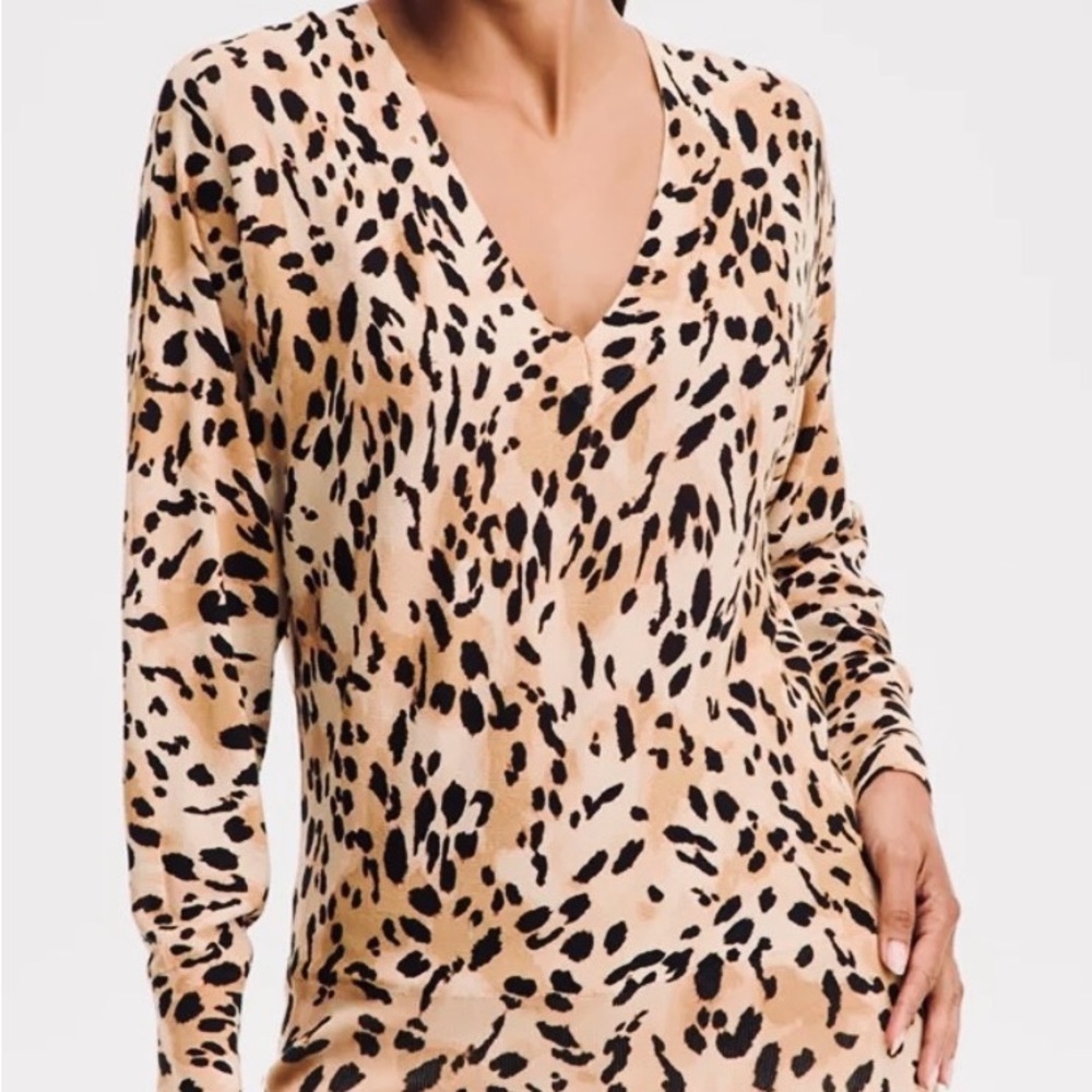 INC International Concepts Tan and Black Leopard Print V-Neck Top